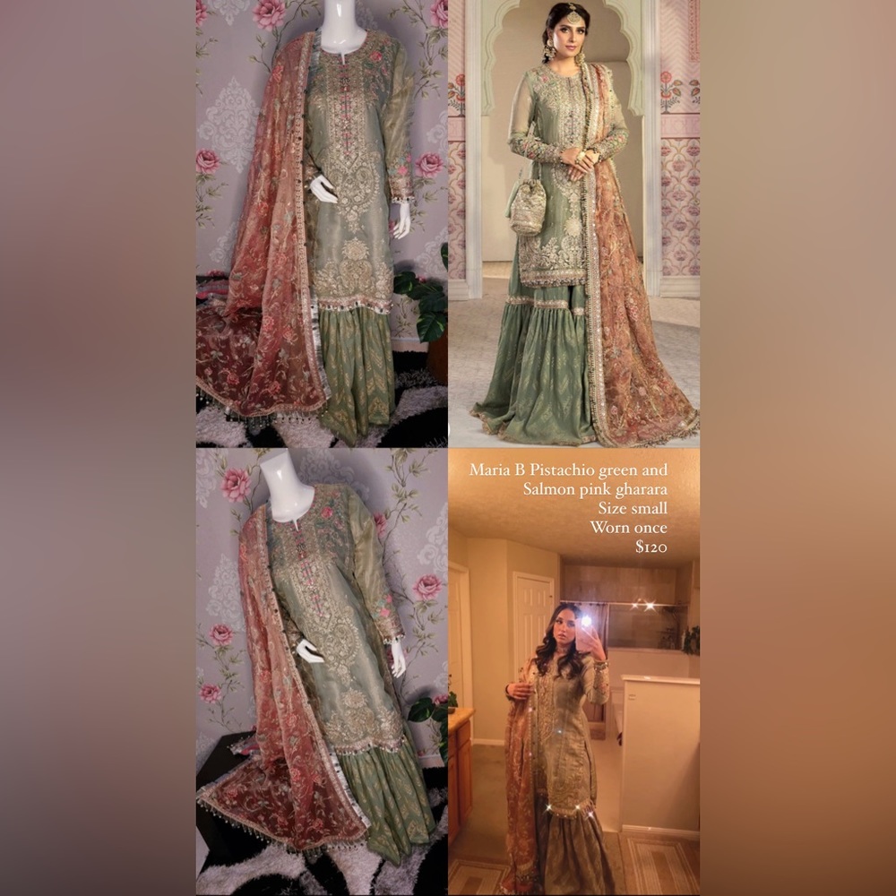 Maria B pistachio green and salmon pink gharara